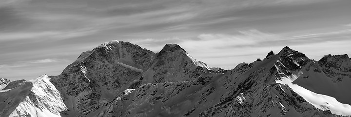 Image showing Black and white panorama on winter snow mountains