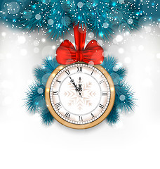 Image showing New Year Midnight Background with Clock and Fir Twigs