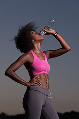 Image showing african american woman drinking water after jogging in nature