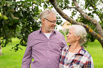 Image showing happy senior couple hugging at summer garden