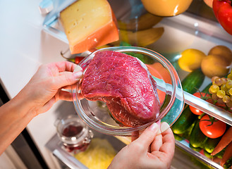 Image showing Fresh raw meat on a shelf open refrigerator