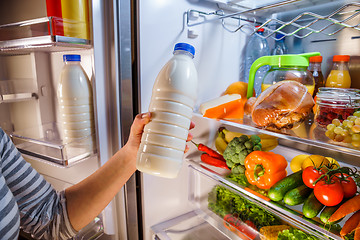 Image showing Woman takes the milk from the open refrigerator