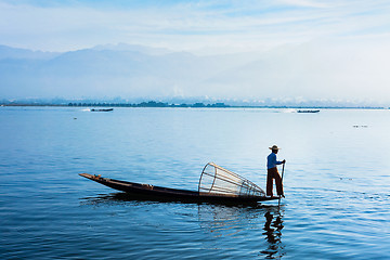 Image showing  Traditional Burmese fisherman at Inle lake, Myanmar