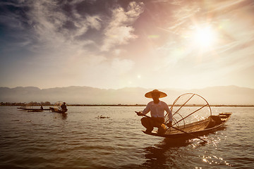 Image showing  Traditional Burmese fisherman at Inle lake, Myanmar