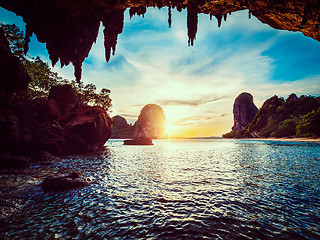 Image showing Sunset on Pranang beach. Railay , Krabi Province Thailand