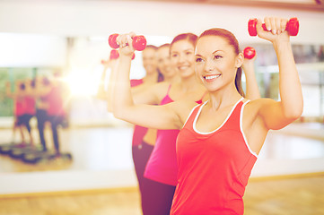 Image showing group of smiling people working out with dumbbells