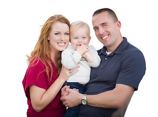 Image showing Young Military Parents and Child On White