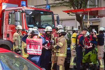 Image showing Firefighters getting ready to intervene on chemical accident location.