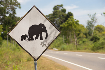 Image showing Road sign in Sri Lanka. Caution, elephants crossing the road.