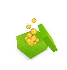 Image showing Open cardboard box  with golden coins for St. Patrick\'s Day, iso