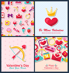 Image showing Set Beautiful Brochures with Traditional Objects for Happy Valen