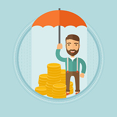 Image showing Businessman with umbrella protecting money.