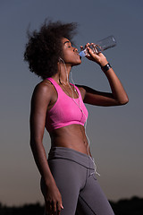 Image showing african american woman drinking water after jogging in nature