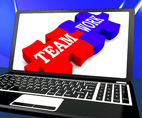 Image showing Team Work On Laptop Shows Unity