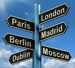 Image showing London Paris Madrid Berlin Signpost Showing Europe Travel Touris