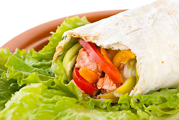 Image showing burrito with salmon, peppers and tomato