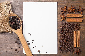 Image showing blank paper for recipes  with coffee and spices