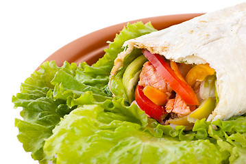 Image showing burrito with salmon, peppers and tomato