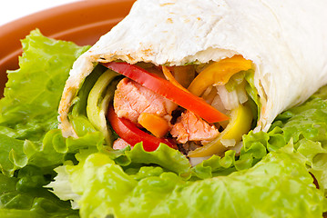 Image showing burrito with salmon, peppers and tomato