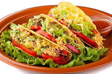 Image showing beef tacos with salad and tomatoes salsa