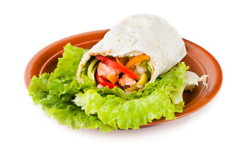 Image showing burrito with salmon, peppers and tomato