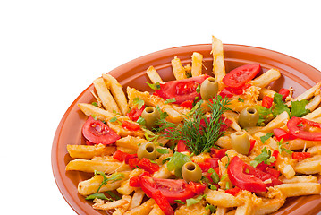 Image showing golden French fries potatoes with tomato and olive