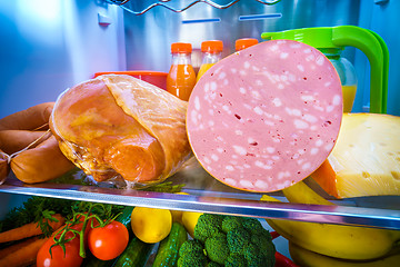 Image showing Open refrigerator filled with food