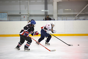 Image showing Moscow, Russia - January, 07, 2017: Female amateur hockey leage LHL-77. Game between female hockey team \