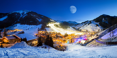 Image showing Ski resort village panorama alpine mountains landscape