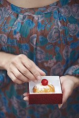 Image showing Woman holding Christmas eclair