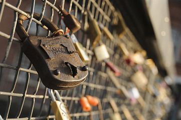 Image showing Locks on a bridge railing