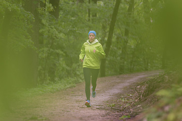 Image showing Sporty young female runner in the forest. 