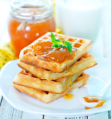 Image showing waffles with apricot jam 