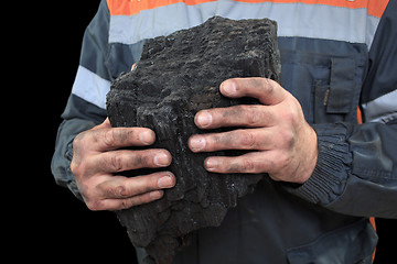 Image showing Coal in the hands of a miner. close-up
