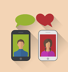 Image showing Two lovers communicating with the mobile phones, modern flat sty