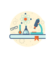 Image showing Chemical engineering background with flat icon of objects