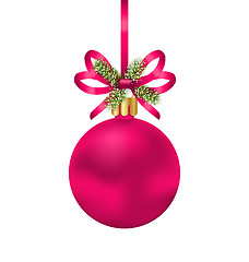 Image showing Christmas Pink Ball with Bow Ribbon and Fir Twigs