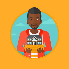 Image showing Man holding house model vector illustration.