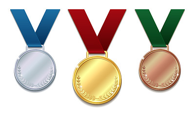 Image showing Set of gold, silver and bronze medals