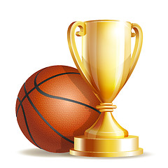 Image showing Golden trophy cup with a Basketball ball.