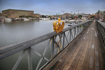 Image showing Skeppsholmsbron (Skeppsholm Bridge) with Golden Crown on a bridg