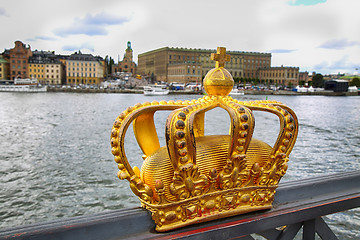 Image showing Skeppsholmsbron (Skeppsholm Bridge) with Golden Crown on a bridg