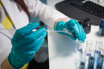 Image showing Worker chemical laboratory with tubes