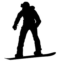 Image showing Black silhouettes snowboarders on white background.