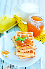 Image showing waffles with apricot jam 