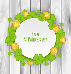 Image showing Greeting Card with Clovers and Golden Coins for St. Patrick\'s Da
