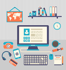 Image showing Flat design of modern creative office workspace with computer