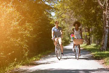 Image showing Young multiethnic couple having a bike ride in nature