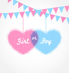 Image showing Pink and blue baby shower in form hearts with hanging pennants