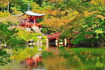 Image showing Bentendo hall, a bridge and a pond at Daigoji temple.